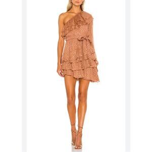 Rococo Sand Aine One Shoulder Tan Gold Ruffle Mini Dress Medium
